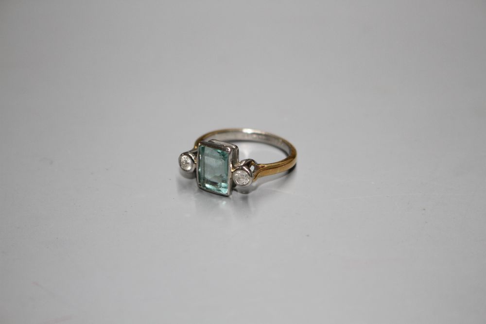 A 22ct and plat, blue paste and diamond set three stone dress ring,